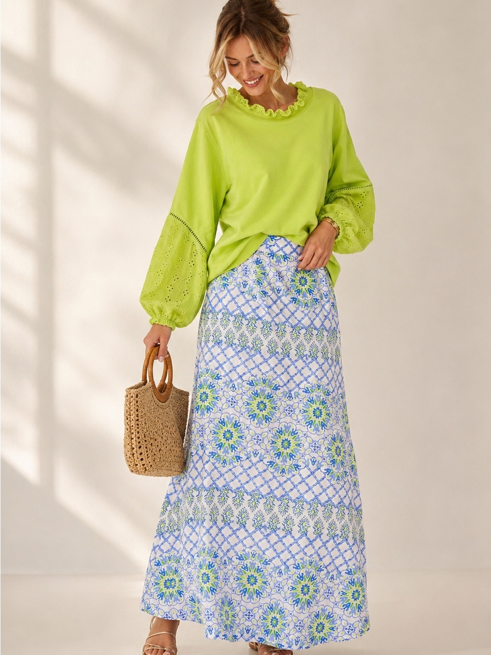 J McLaughlin A-Line Maxi Skirt Silk Cotton Blue Green Ornamental Print S